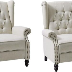 HULALA HOME Recliner Chair with Solid Wood Legs, Push Back Wingback Tufted Recliner with Nailhead Trim, Comfy Fabric Upholstered Sofa Chair for Bedroom Living Room, Blue