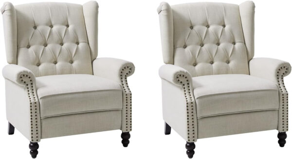 HULALA HOME Recliner Chair with Solid Wood Legs, Push Back Wingback Tufted Recliner with Nailhead Trim, Comfy Fabric Upholstered Sofa Chair for Bedroom Living Room, Blue