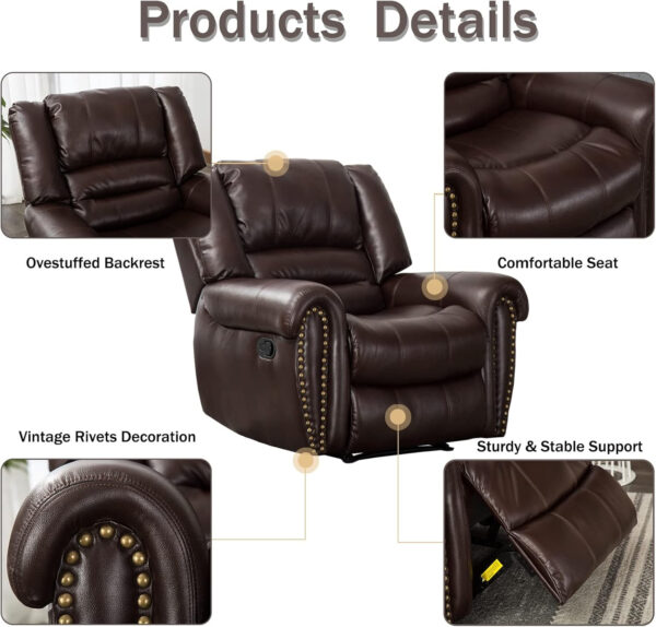 CANMOV Leather Recliner Chair, Classic and Traditional Manual Recliner Chair with Comfortable Arms and Back Single Sofa for Living Room, Nut Brown