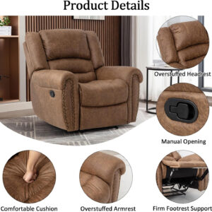 CANMOV Leather Recliner Chair, Classic and Traditional Manual Recliner Chair with Comfortable Arms and Back Single Sofa for Living Room, Nut Brown