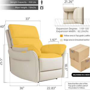 Genuine Leather Recliner Chair, Top Grain Leather, Italian Water-Washing Process, Recliner Chairs for Adults, for Living Room, Theater Seating, Bedroom. R1, Beige