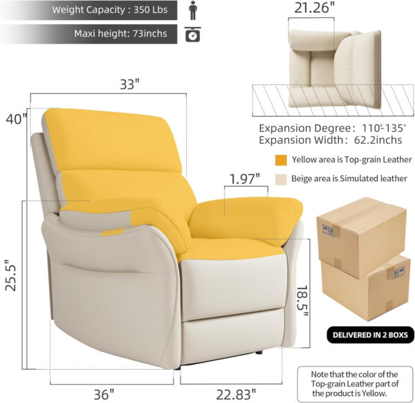 Genuine Leather Recliner Chair, Top Grain Leather, Italian Water-Washing Process, Recliner Chairs for Adults, for Living Room, Theater Seating, Bedroom. R1, Beige