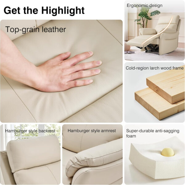Genuine Leather Recliner Chair, Top Grain Leather, Italian Water-Washing Process, Recliner Chairs for Adults, for Living Room, Theater Seating, Bedroom. R1, Beige