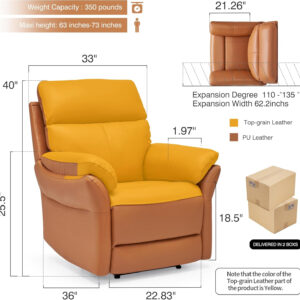 Genuine Leather Recliner Chair, Top Grain Leather, Italian Water-Washing Process, Recliner Chairs for Adults, for Living Room, Theater Seating, Bedroom. R1, Beige