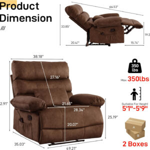 Oversized Recliner Chair Extra Wide Large Recliner for Adults 350lbs with Lumbar Support Pillow Nursery Chair Living Room (Manual, BROWN-6002)