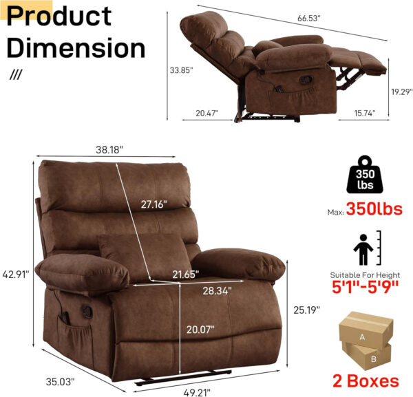 Oversized Recliner Chair Extra Wide Large Recliner for Adults 350lbs with Lumbar Support Pillow Nursery Chair Living Room (Manual, BROWN-6002)