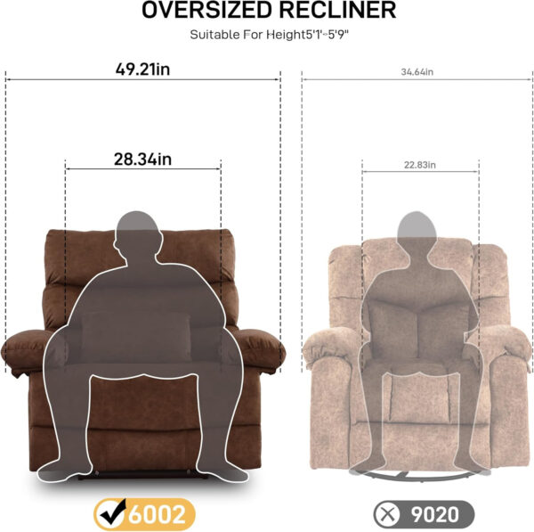 Oversized Recliner Chair Extra Wide Large Recliner for Adults 350lbs with Lumbar Support Pillow Nursery Chair Living Room (Manual, BROWN-6002)