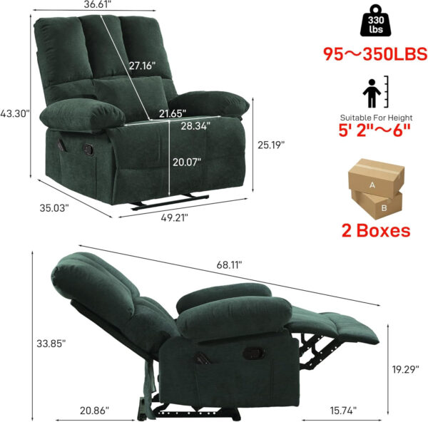 Oversized Recliner Chair Extra Wide Large Recliner for Adults 350lbs with Lumbar Support Pillow Nursery Chair Living Room (Manual, BROWN-6002)