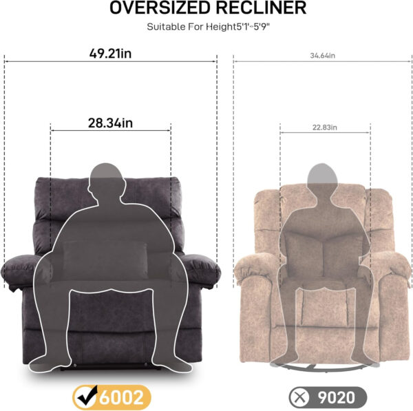 Oversized Recliner Chair Extra Wide Large Recliner for Adults 350lbs with Lumbar Support Pillow Nursery Chair Living Room (Manual, BROWN-6002)