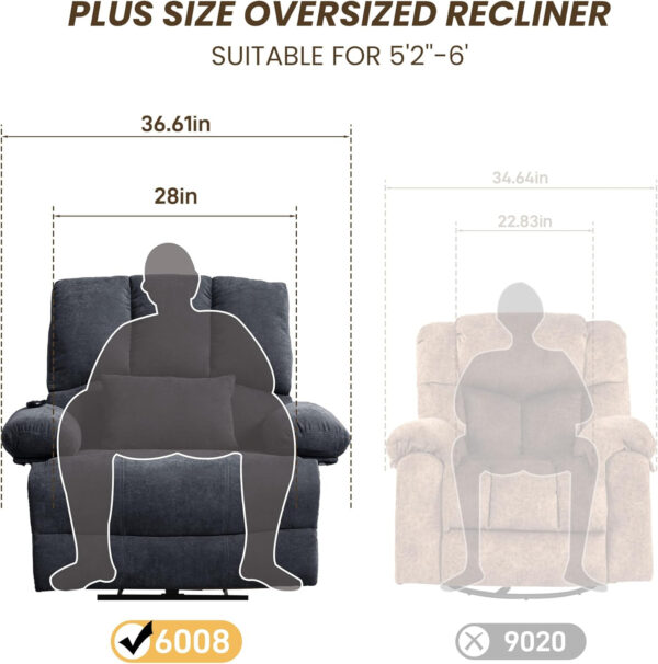 Oversized Recliner Chair Extra Wide Large Recliner for Adults 350lbs with Lumbar Support Pillow Nursery Chair Living Room (Manual, BROWN-6002)