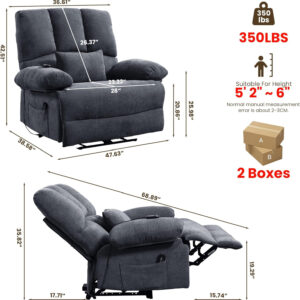 Oversized Recliner Chair Extra Wide Large Recliner for Adults 350lbs with Lumbar Support Pillow Nursery Chair Living Room (Manual, BROWN-6002)