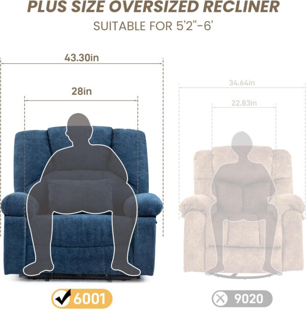 Oversized Recliner Chair Extra Wide Large Recliner for Adults 350lbs with Lumbar Support Pillow Nursery Chair Living Room (Manual, BROWN-6002)