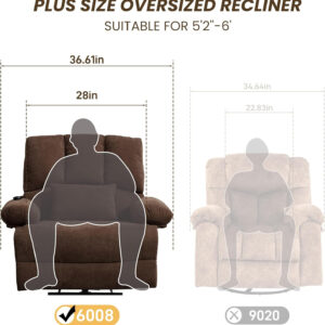Oversized Recliner Chair Extra Wide Large Recliner for Adults 350lbs with Lumbar Support Pillow Nursery Chair Living Room (Manual, BROWN-6002)