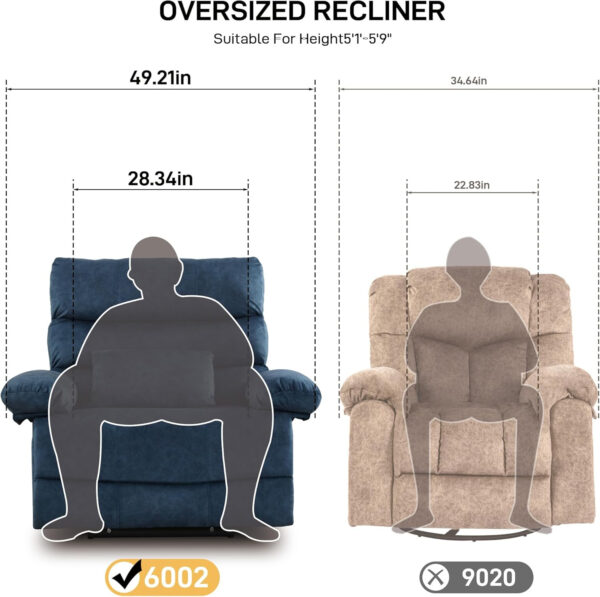 Oversized Recliner Chair Extra Wide Large Recliner for Adults 350lbs with Lumbar Support Pillow Nursery Chair Living Room (Manual, BROWN-6002)