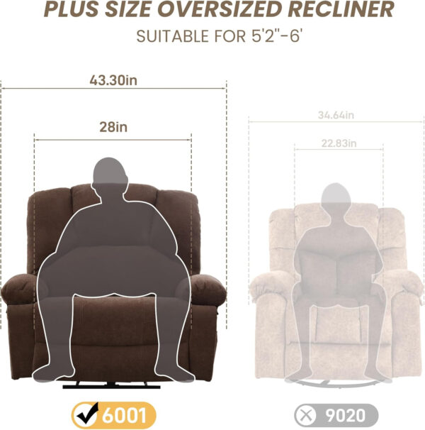 Oversized Recliner Chair Extra Wide Large Recliner for Adults 350lbs with Lumbar Support Pillow Nursery Chair Living Room (Manual, BROWN-6002)
