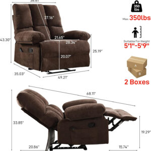 Oversized Recliner Chair Extra Wide Large Recliner for Adults 350lbs with Lumbar Support Pillow Nursery Chair Living Room (Manual, BROWN-6002)