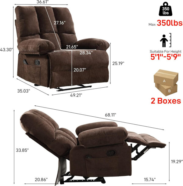 Oversized Recliner Chair Extra Wide Large Recliner for Adults 350lbs with Lumbar Support Pillow Nursery Chair Living Room (Manual, BROWN-6002)