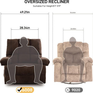 Oversized Recliner Chair Extra Wide Large Recliner for Adults 350lbs with Lumbar Support Pillow Nursery Chair Living Room (Manual, BROWN-6002)