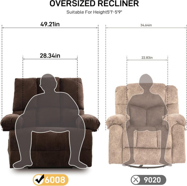 Oversized Recliner Chair Extra Wide Large Recliner for Adults 350lbs with Lumbar Support Pillow Nursery Chair Living Room (Manual, BROWN-6002)
