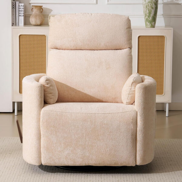 Oversized Swivel Rocker Recliner with Massage and Heat, 26" Extra Wide Swivel Nursery Recliner with Adjustable Headrest, Manual Rocker Recliner Chair with Two Removable Pillows for Living Room, Beige