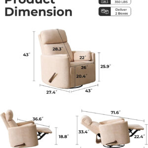 Oversized Swivel Rocker Recliner with Massage and Heat, 26" Extra Wide Swivel Nursery Recliner with Adjustable Headrest, Manual Rocker Recliner Chair with Two Removable Pillows for Living Room, Beige