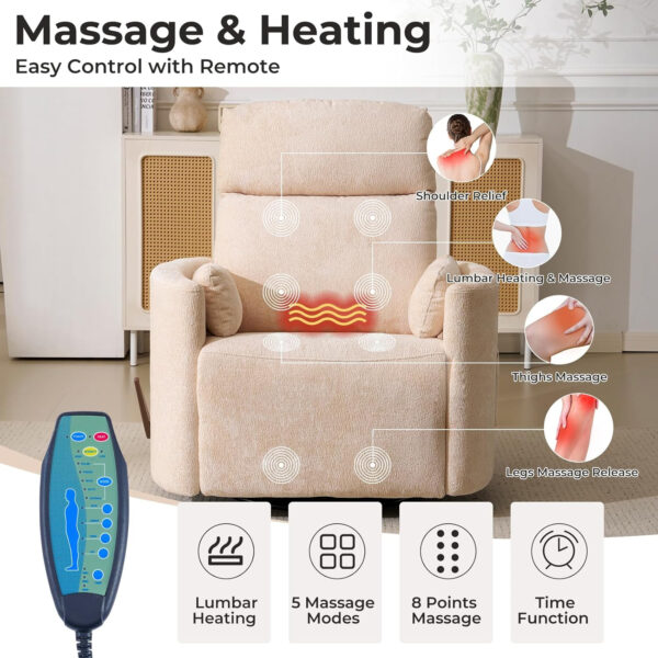 Oversized Swivel Rocker Recliner with Massage and Heat, 26" Extra Wide Swivel Nursery Recliner with Adjustable Headrest, Manual Rocker Recliner Chair with Two Removable Pillows for Living Room, Beige