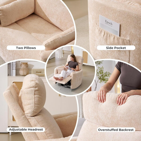 Oversized Swivel Rocker Recliner with Massage and Heat, 26" Extra Wide Swivel Nursery Recliner with Adjustable Headrest, Manual Rocker Recliner Chair with Two Removable Pillows for Living Room, Beige