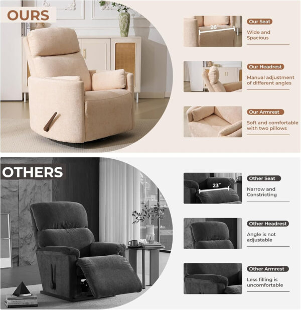 Oversized Swivel Rocker Recliner with Massage and Heat, 26" Extra Wide Swivel Nursery Recliner with Adjustable Headrest, Manual Rocker Recliner Chair with Two Removable Pillows for Living Room, Beige