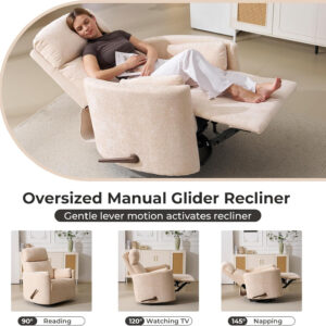 Oversized Swivel Rocker Recliner with Massage and Heat, 26" Extra Wide Swivel Nursery Recliner with Adjustable Headrest, Manual Rocker Recliner Chair with Two Removable Pillows for Living Room, Beige