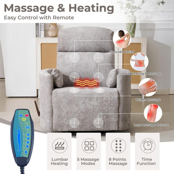 Oversized Swivel Rocker Recliner with Massage and Heat, 26" Extra Wide Swivel Nursery Recliner with Adjustable Headrest, Manual Rocker Recliner Chair with Two Removable Pillows for Living Room, Beige