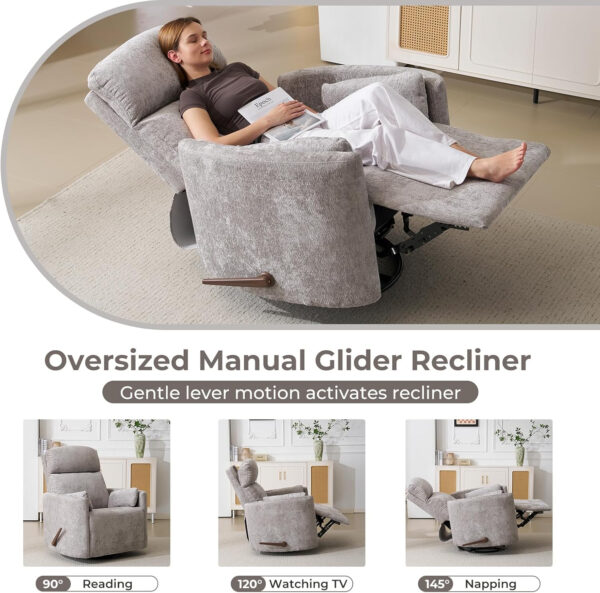 Oversized Swivel Rocker Recliner with Massage and Heat, 26" Extra Wide Swivel Nursery Recliner with Adjustable Headrest, Manual Rocker Recliner Chair with Two Removable Pillows for Living Room, Beige