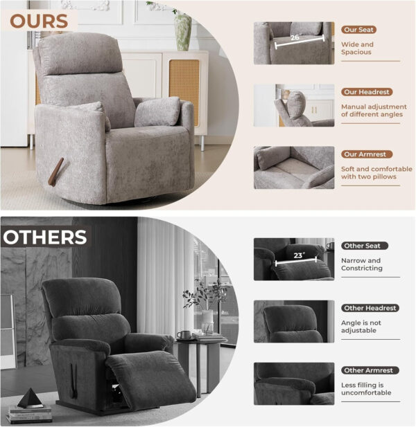 Oversized Swivel Rocker Recliner with Massage and Heat, 26" Extra Wide Swivel Nursery Recliner with Adjustable Headrest, Manual Rocker Recliner Chair with Two Removable Pillows for Living Room, Beige