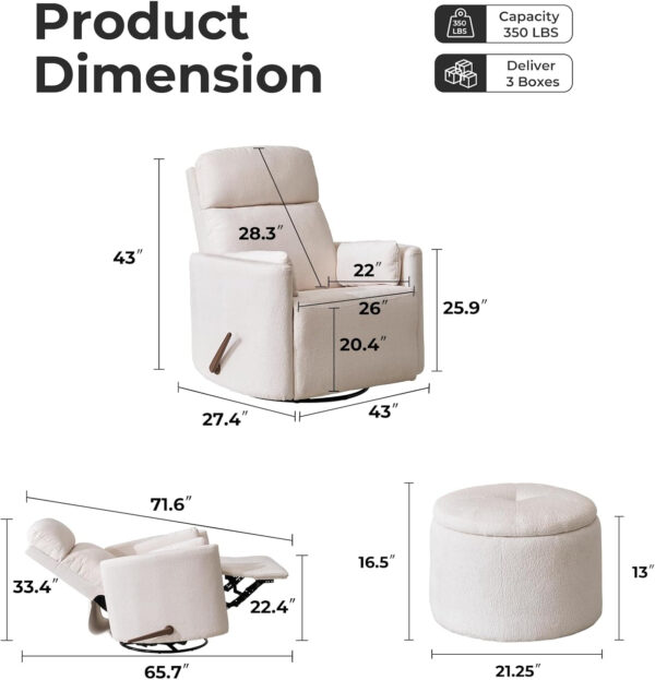 Oversized Swivel Rocker Recliner with Massage and Heat, 26" Extra Wide Swivel Nursery Recliner with Adjustable Headrest, Manual Rocker Recliner Chair with Two Removable Pillows for Living Room, Beige