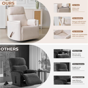 Oversized Swivel Rocker Recliner with Massage and Heat, 26" Extra Wide Swivel Nursery Recliner with Adjustable Headrest, Manual Rocker Recliner Chair with Two Removable Pillows for Living Room, Beige