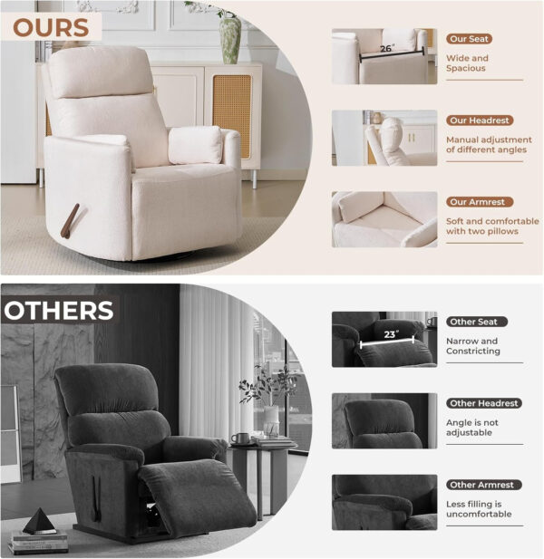 Oversized Swivel Rocker Recliner with Massage and Heat, 26" Extra Wide Swivel Nursery Recliner with Adjustable Headrest, Manual Rocker Recliner Chair with Two Removable Pillows for Living Room, Beige