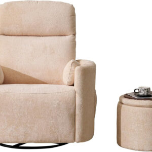 Oversized Swivel Rocker Recliner with Massage and Heat, 26" Extra Wide Swivel Nursery Recliner with Adjustable Headrest, Manual Rocker Recliner Chair with Two Removable Pillows for Living Room, Beige