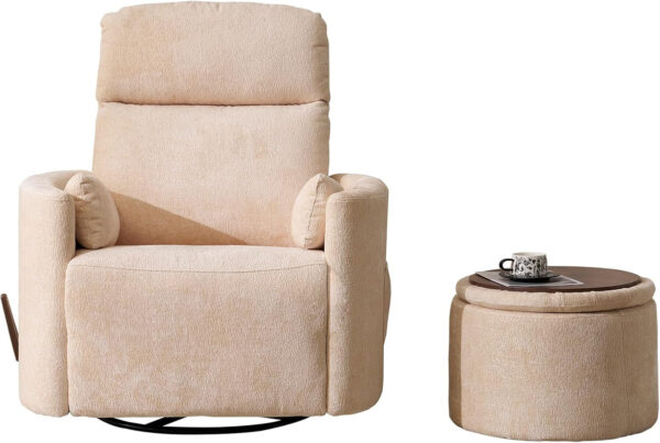 Oversized Swivel Rocker Recliner with Massage and Heat, 26" Extra Wide Swivel Nursery Recliner with Adjustable Headrest, Manual Rocker Recliner Chair with Two Removable Pillows for Living Room, Beige