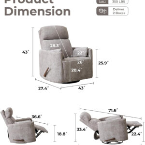 Oversized Swivel Rocker Recliner with Massage and Heat, 26" Extra Wide Swivel Nursery Recliner with Adjustable Headrest, Manual Rocker Recliner Chair with Two Removable Pillows for Living Room, Beige