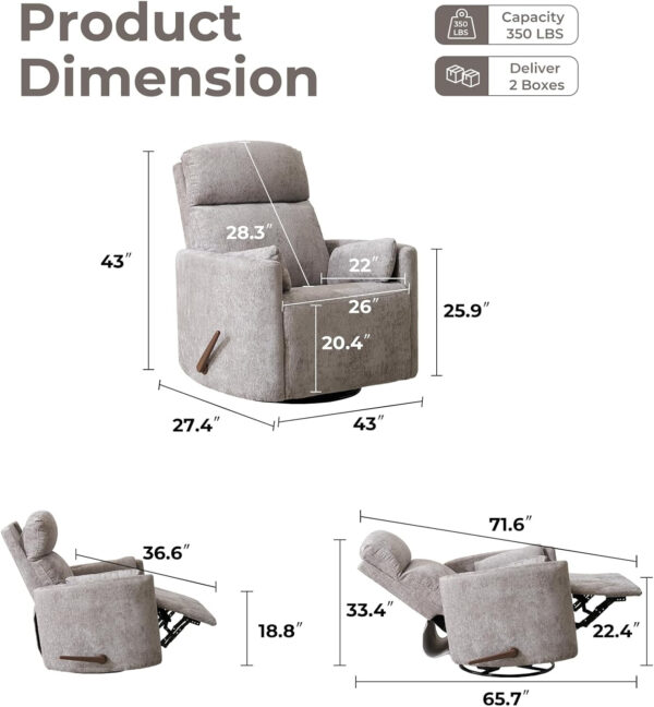 Oversized Swivel Rocker Recliner with Massage and Heat, 26" Extra Wide Swivel Nursery Recliner with Adjustable Headrest, Manual Rocker Recliner Chair with Two Removable Pillows for Living Room, Beige