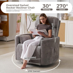 Oversized Swivel Rocker Recliner with Massage and Heat, 26" Extra Wide Swivel Nursery Recliner with Adjustable Headrest, Manual Rocker Recliner Chair with Two Removable Pillows for Living Room, Beige