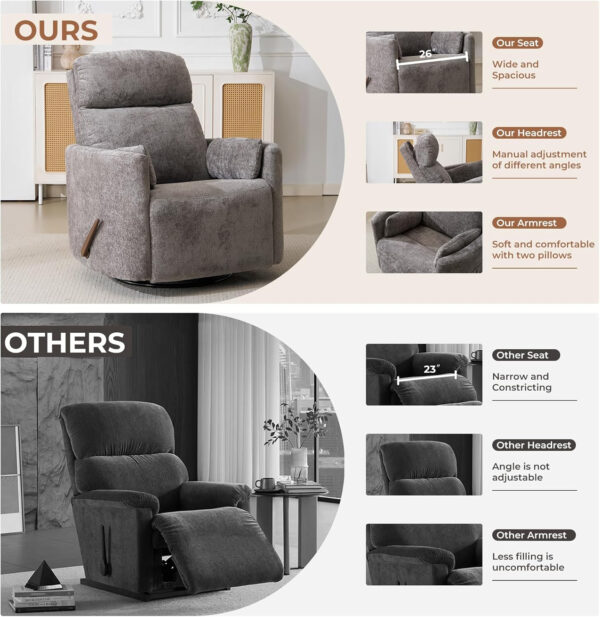 Oversized Swivel Rocker Recliner with Massage and Heat, 26" Extra Wide Swivel Nursery Recliner with Adjustable Headrest, Manual Rocker Recliner Chair with Two Removable Pillows for Living Room, Beige