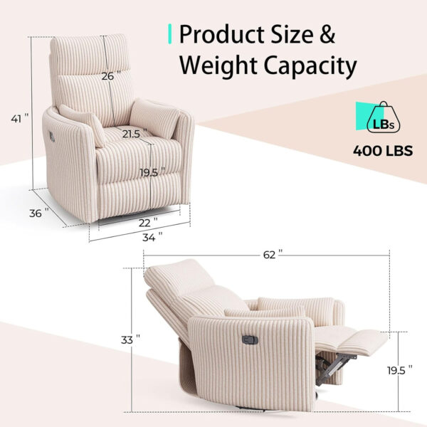 LINSY 360 Swivel Recliner Chair: Corduroy Rocking Chair Nursery Glider Chairs with 2 Pillows Comfy High Back Adult Recliner for Small Spaces, Living Room Bedroom Nursery Reclining Chairs, Beige