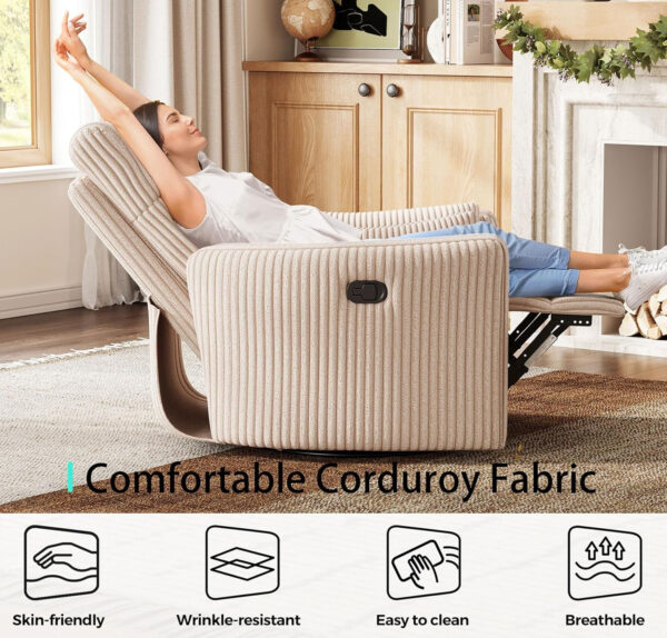 LINSY 360 Swivel Recliner Chair: Corduroy Rocking Chair Nursery Glider Chairs with 2 Pillows Comfy High Back Adult Recliner for Small Spaces, Living Room Bedroom Nursery Reclining Chairs, Beige