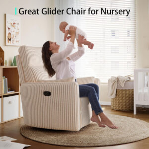 LINSY 360 Swivel Recliner Chair: Corduroy Rocking Chair Nursery Glider Chairs with 2 Pillows Comfy High Back Adult Recliner for Small Spaces, Living Room Bedroom Nursery Reclining Chairs, Beige