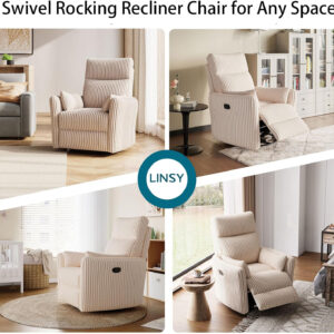 LINSY 360 Swivel Recliner Chair: Corduroy Rocking Chair Nursery Glider Chairs with 2 Pillows Comfy High Back Adult Recliner for Small Spaces, Living Room Bedroom Nursery Reclining Chairs, Beige