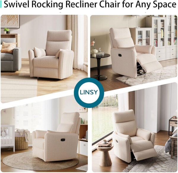 LINSY 360 Swivel Recliner Chair: Corduroy Rocking Chair Nursery Glider Chairs with 2 Pillows Comfy High Back Adult Recliner for Small Spaces, Living Room Bedroom Nursery Reclining Chairs, Beige
