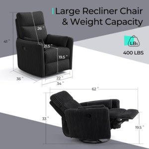LINSY 360 Swivel Recliner Chair: Corduroy Rocking Chair Nursery Glider Chairs with 2 Pillows Comfy High Back Adult Recliner for Small Spaces, Living Room Bedroom Nursery Reclining Chairs, Beige