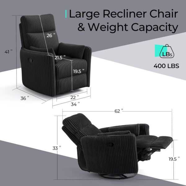 LINSY 360 Swivel Recliner Chair: Corduroy Rocking Chair Nursery Glider Chairs with 2 Pillows Comfy High Back Adult Recliner for Small Spaces, Living Room Bedroom Nursery Reclining Chairs, Beige
