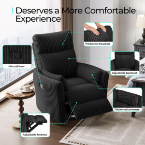 LINSY 360 Swivel Recliner Chair: Corduroy Rocking Chair Nursery Glider Chairs with 2 Pillows Comfy High Back Adult Recliner for Small Spaces, Living Room Bedroom Nursery Reclining Chairs, Beige