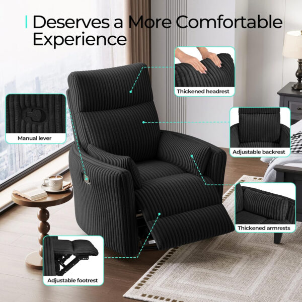 LINSY 360 Swivel Recliner Chair: Corduroy Rocking Chair Nursery Glider Chairs with 2 Pillows Comfy High Back Adult Recliner for Small Spaces, Living Room Bedroom Nursery Reclining Chairs, Beige